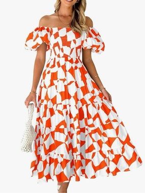 PrettyGarden Orange & White Puff Sleeve Tiered Dress.